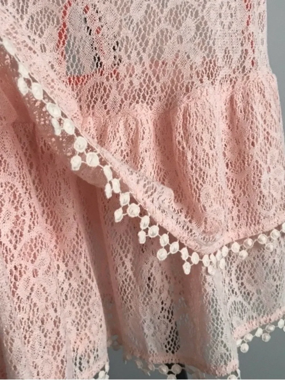 Free People Lace Babydoll Tank Pom Pom Trim Boho Festival Top Pastel Peach
